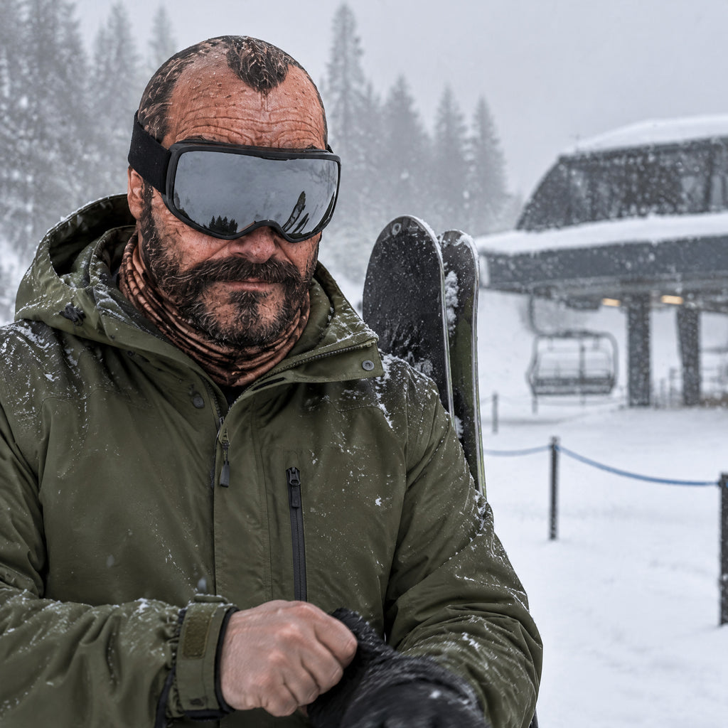 Duke mask worn by a skier with goggles down