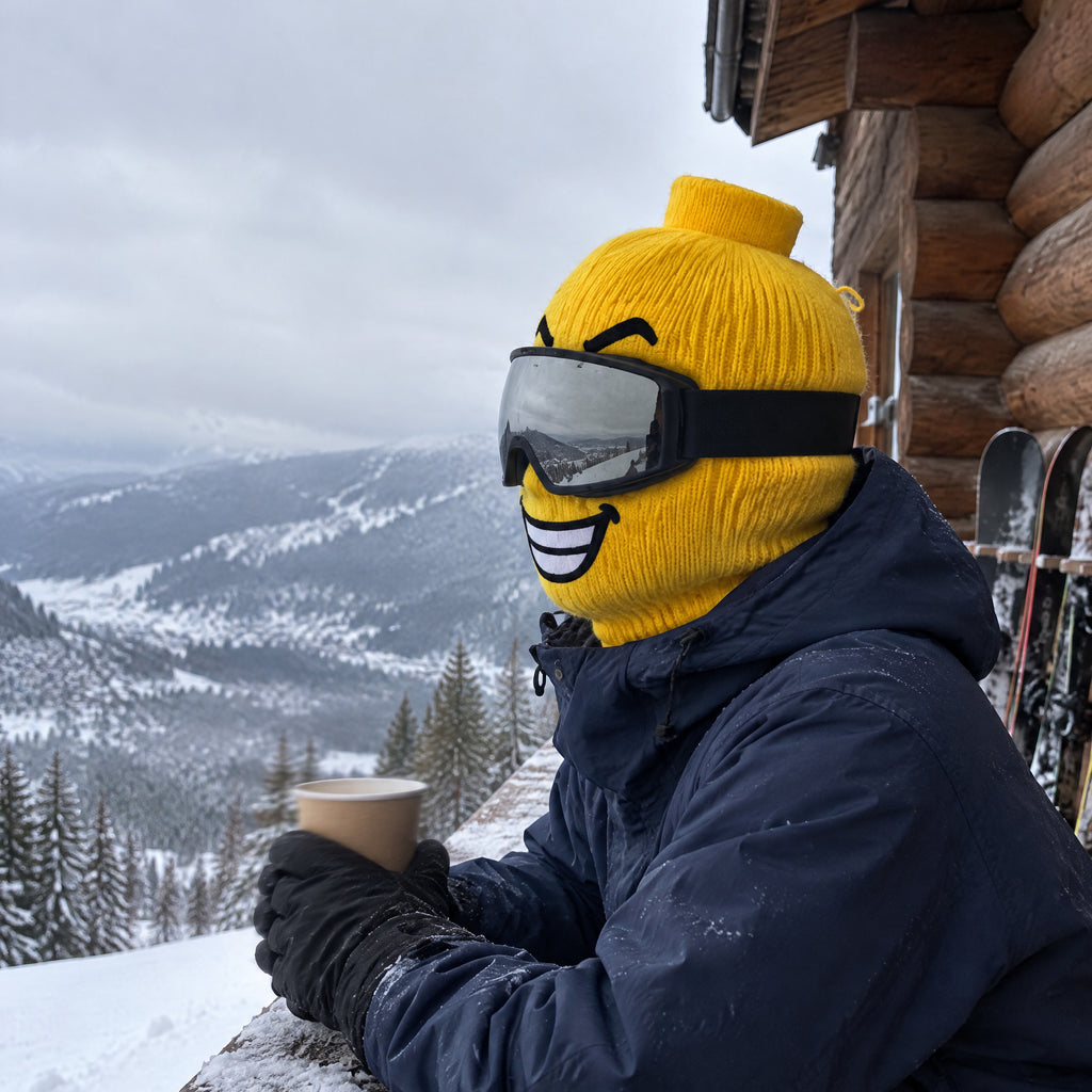 Big Grin mask worn by a skier with goggles down