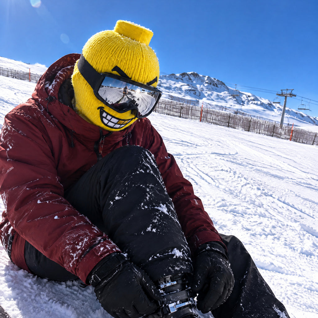 Gold Tooth mask worn by a skier with goggles down