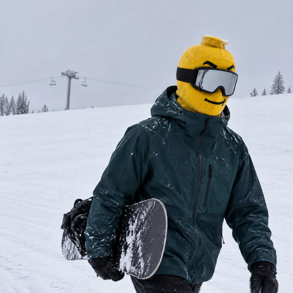 Smirk mask worn by a skier with goggles down