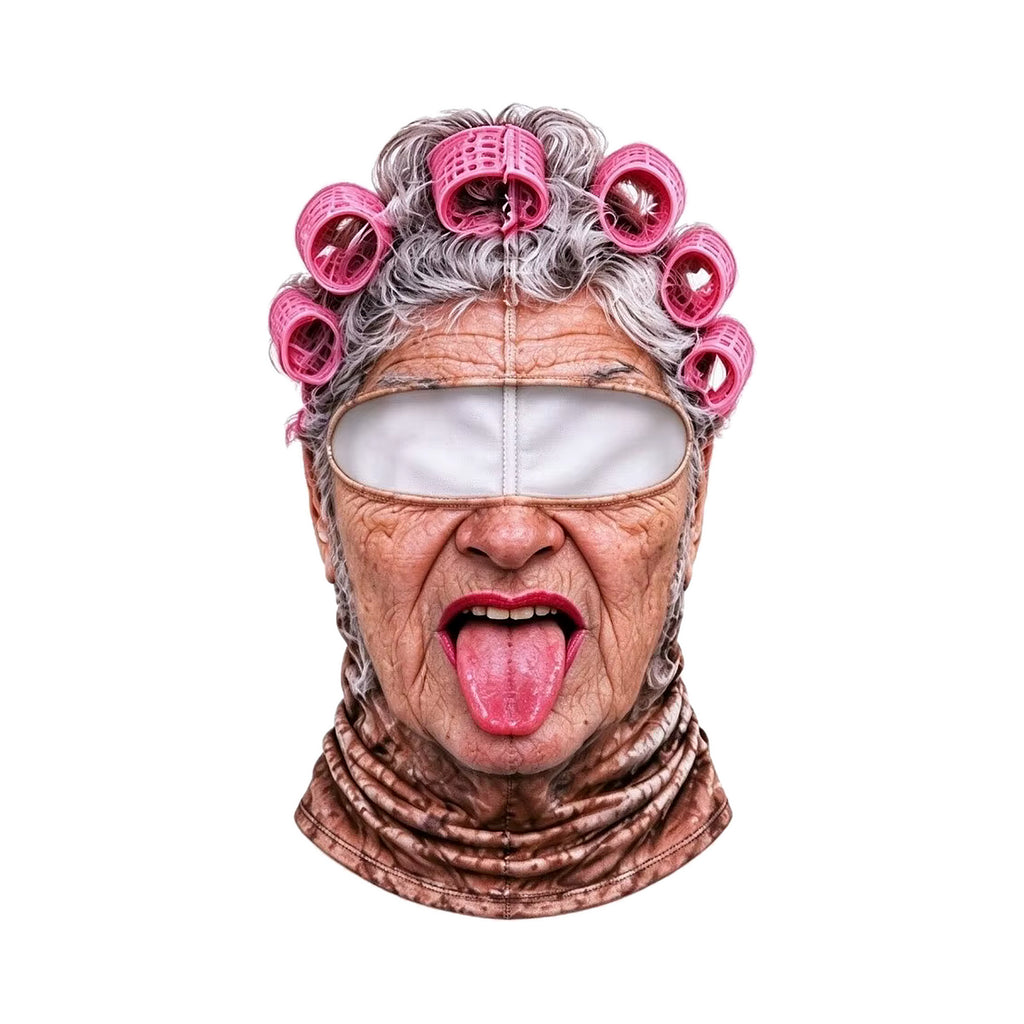 Nana face ski mask, front view, white mesh eye band, goggles not included
