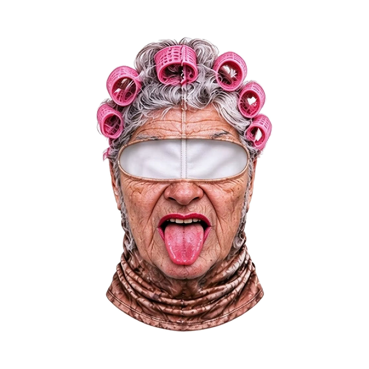 Nana face ski mask, front view, white mesh eye band, goggles not included