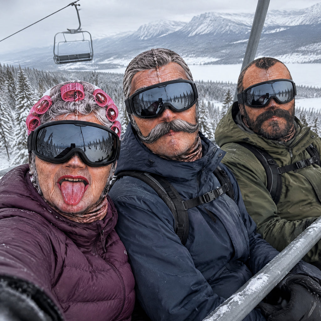 Three friends on a chairlift wearing printed face ski masks with goggles down