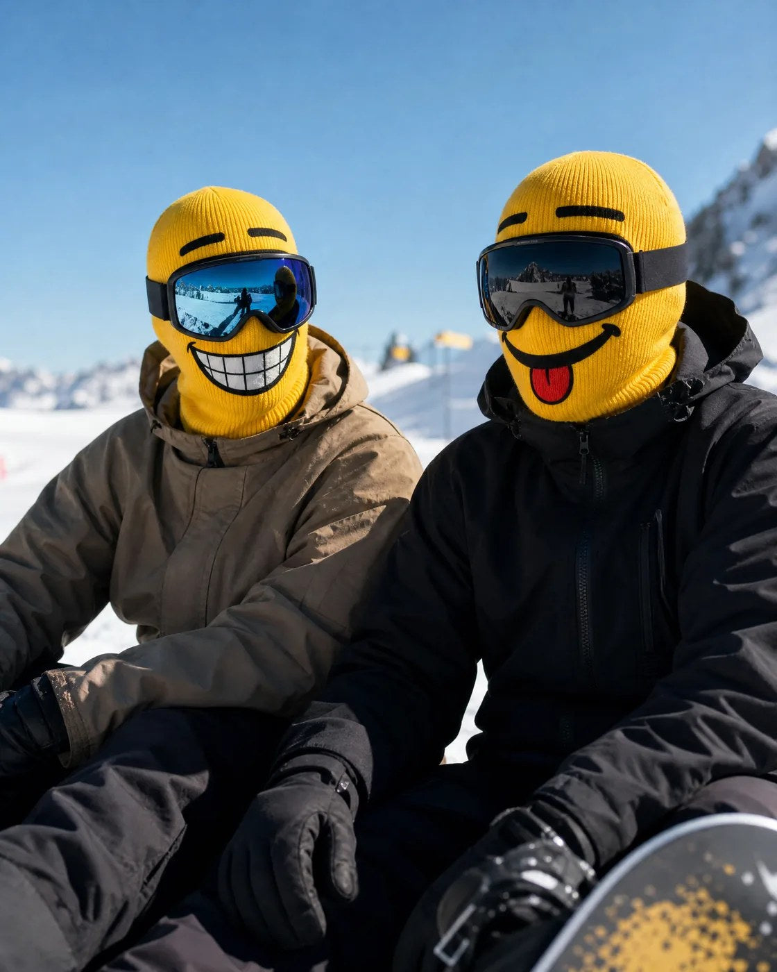Skier wearing a yellow block head mask at the top of a run