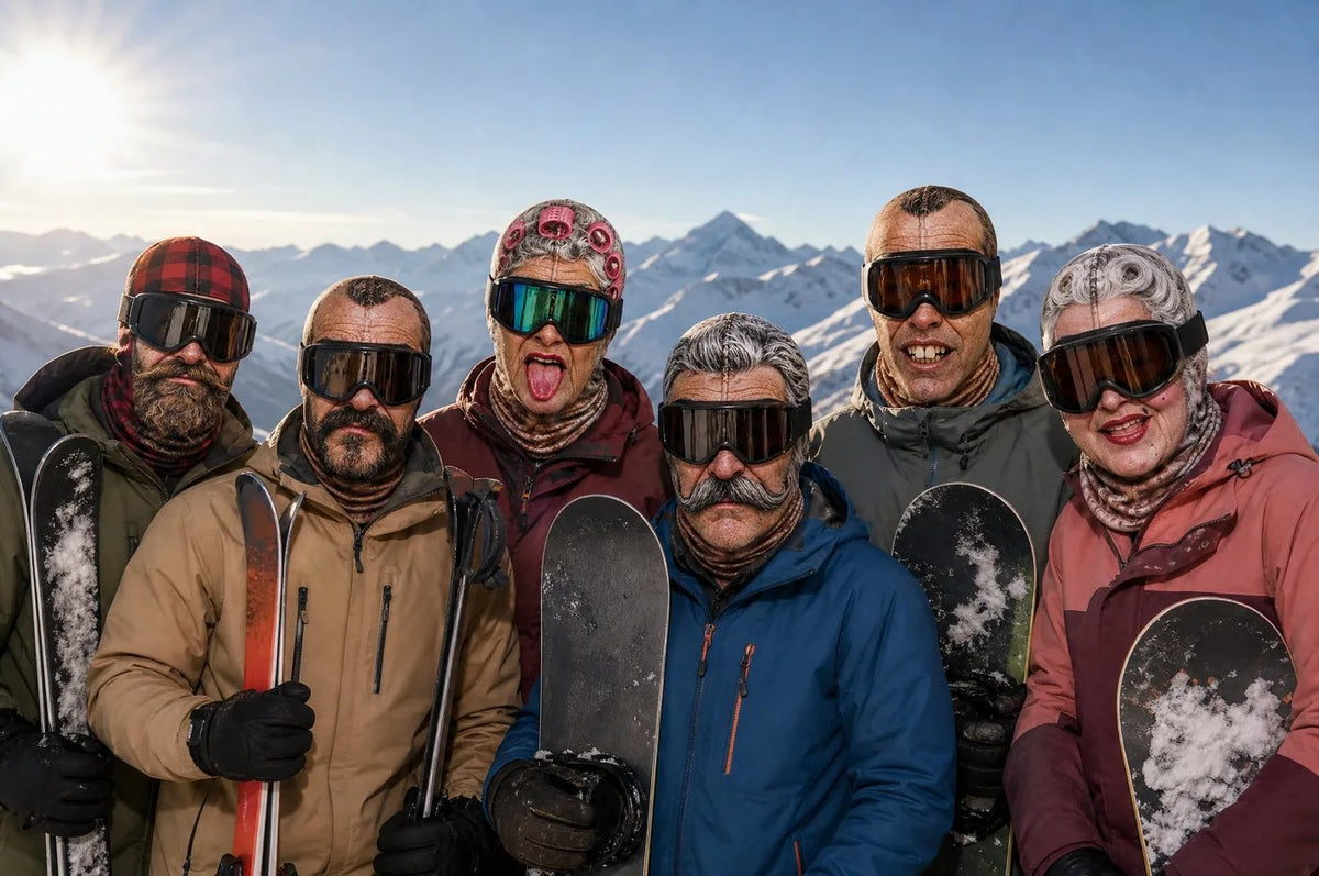 Six friends at the top of a ski run wearing different printed face masks
