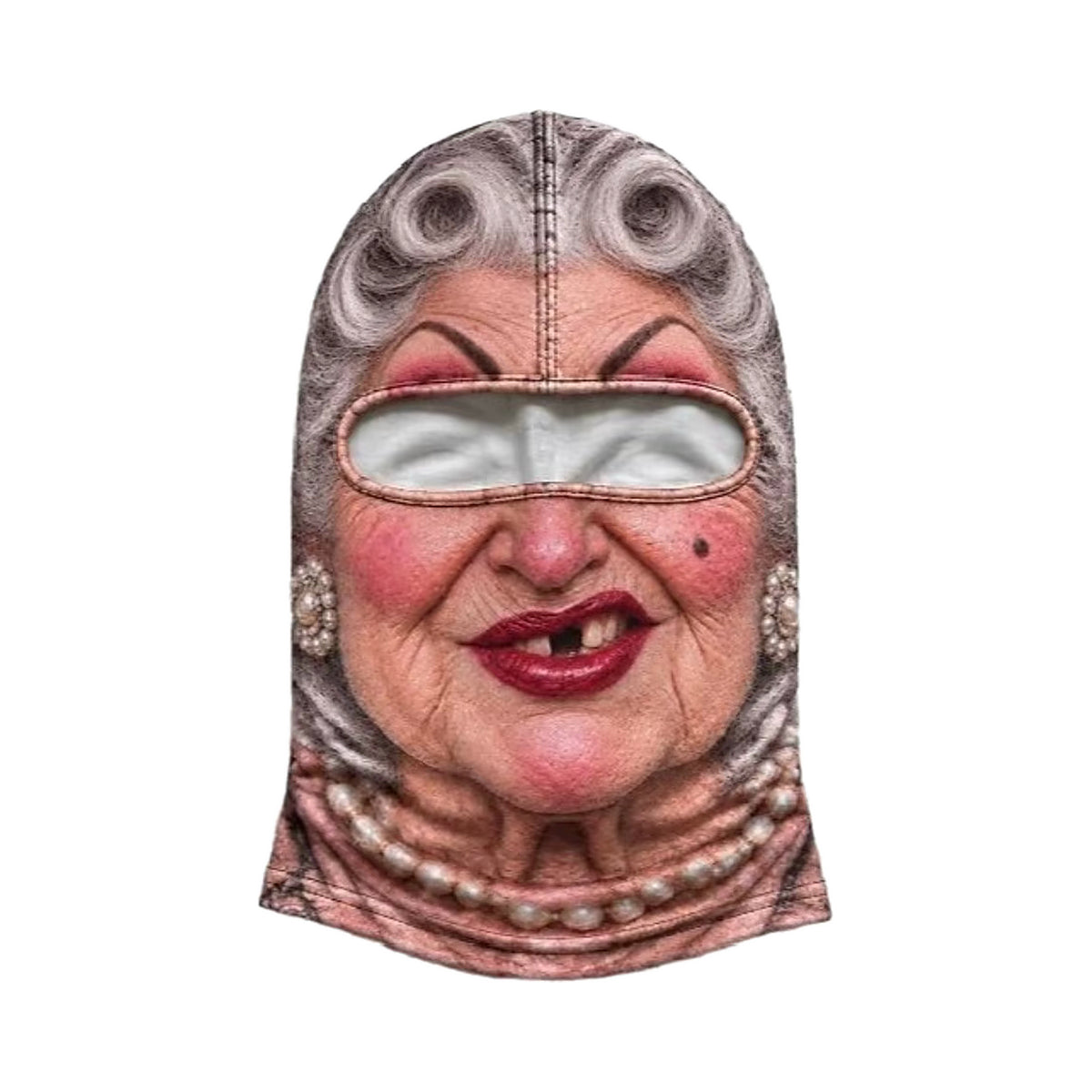 Pearl face ski mask, front view, white mesh eye band, goggles not included