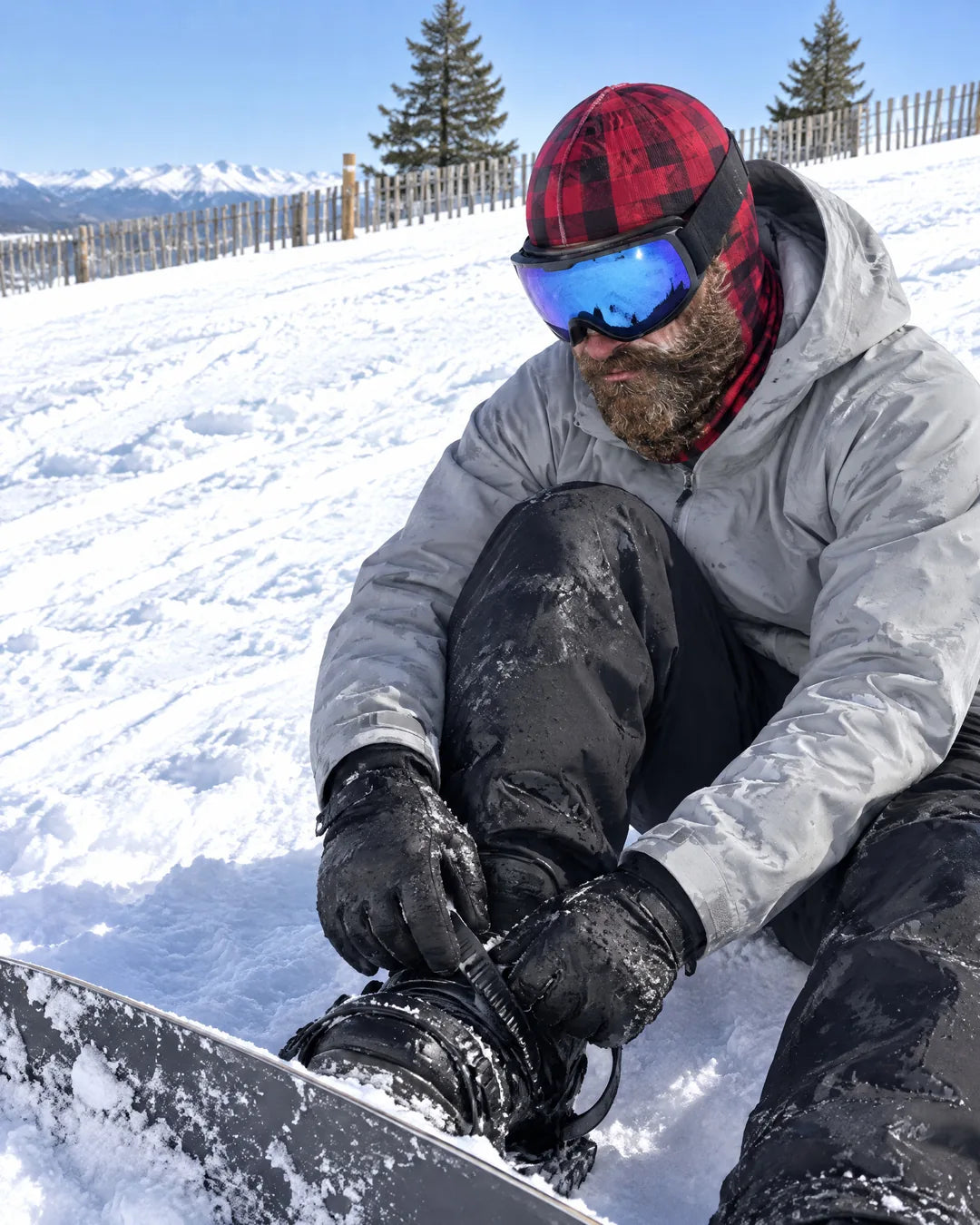 Skier wearing the plaid lumberjack mask with goggles down