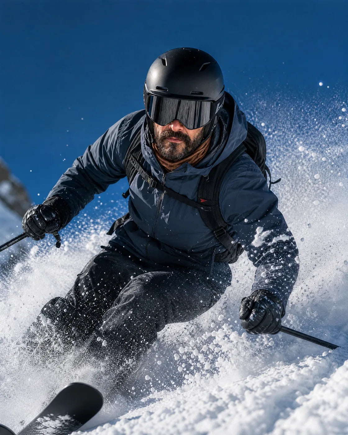 Skier carving through powder wearing a printed face mask